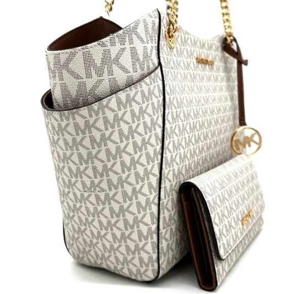 Michael Kors Large Jet Set Travel Chain Shoulder Bag & Trifold Wallet Vanilla - Picture 4 of 14